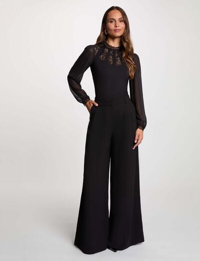 Pantalon large taille haute noir femme