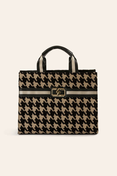 Sac cabas imprimé pied de coq marron femme