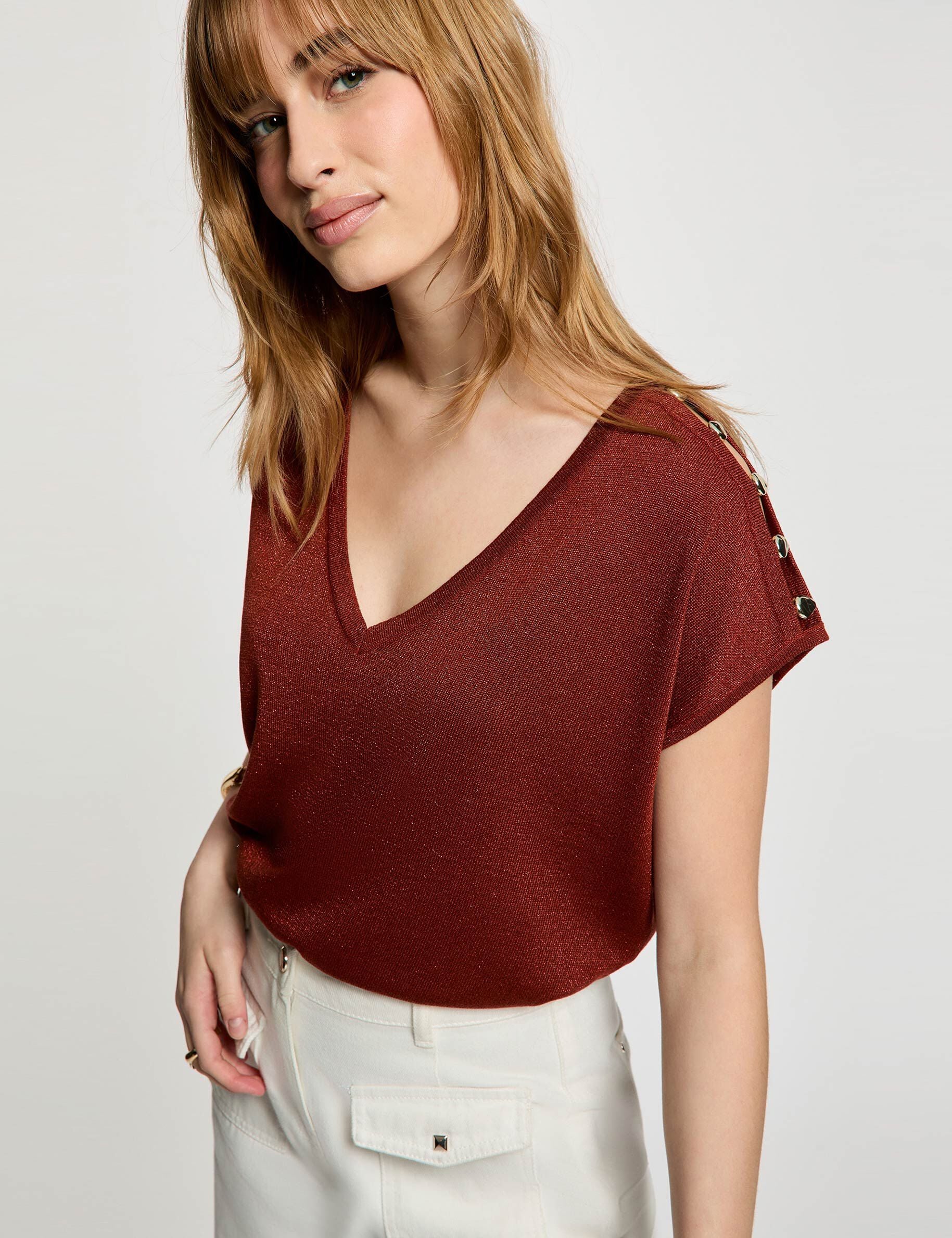 Pull oversize col v cognac femme