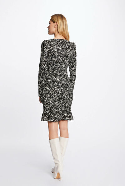Robe ajustée drapée imprimé abstrait noir femme