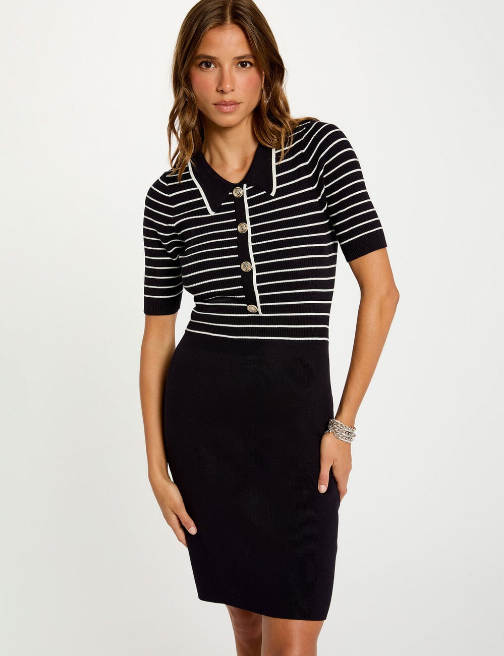Robe tricot courte ray&eacute;e bleu marine femme