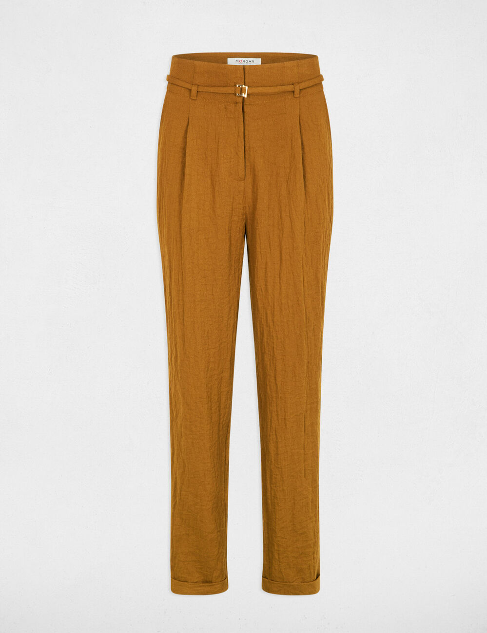 Pantalon carotte taille haute camel femme