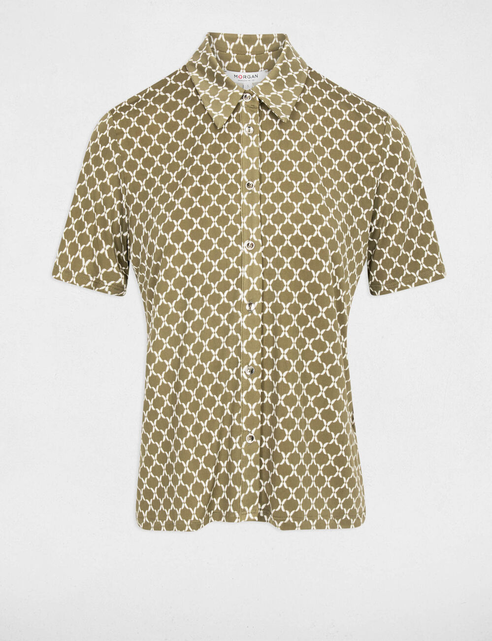Chemise imprim&eacute;e col &agrave; revers vert kaki femme