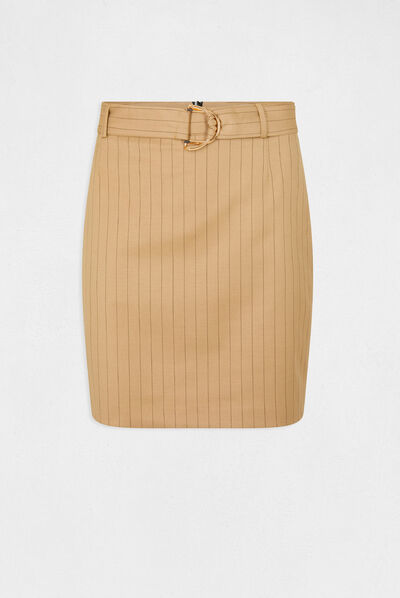 Jupe droite ceinturée à rayures beige femme