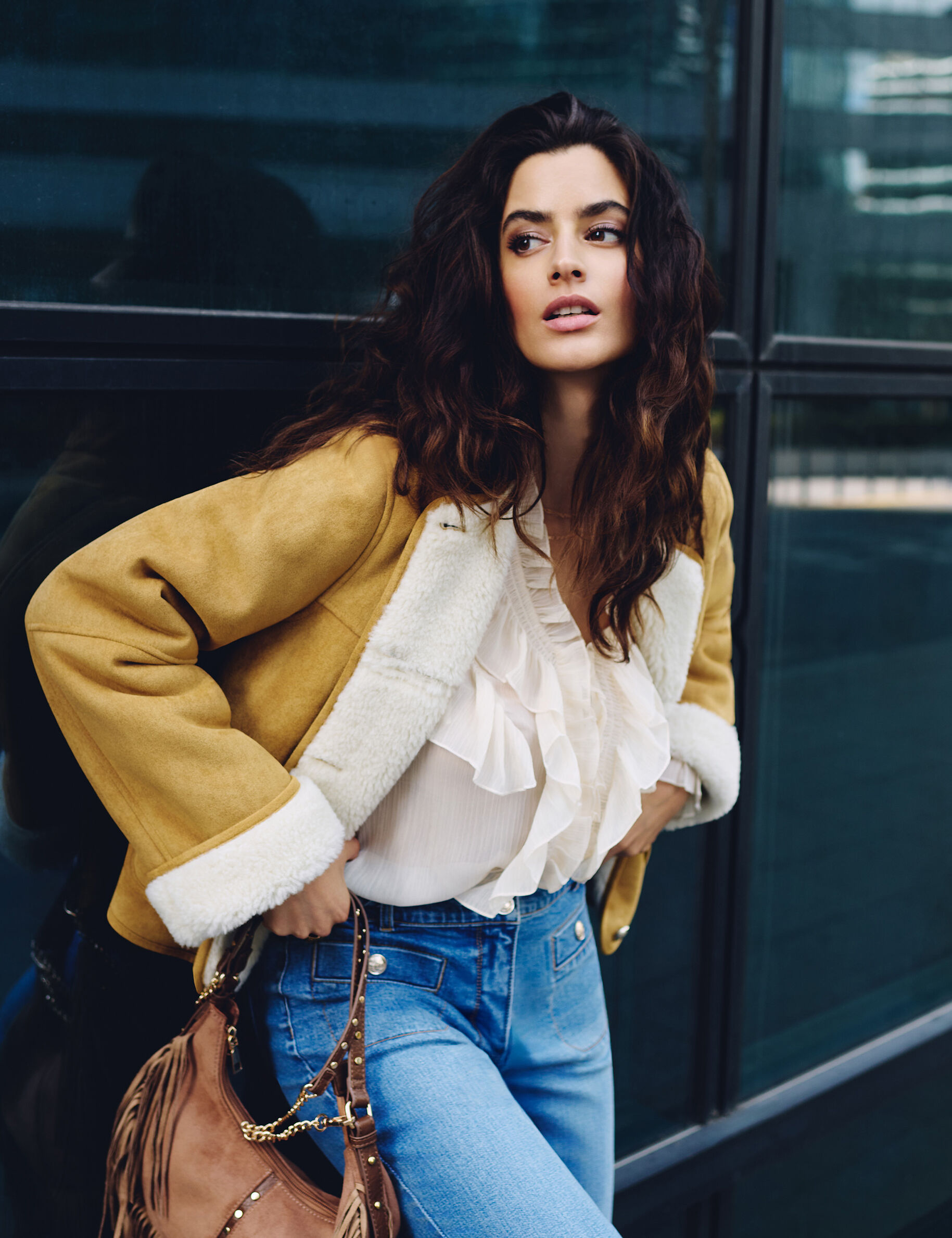 Veste courte fausse fourrure camel femme