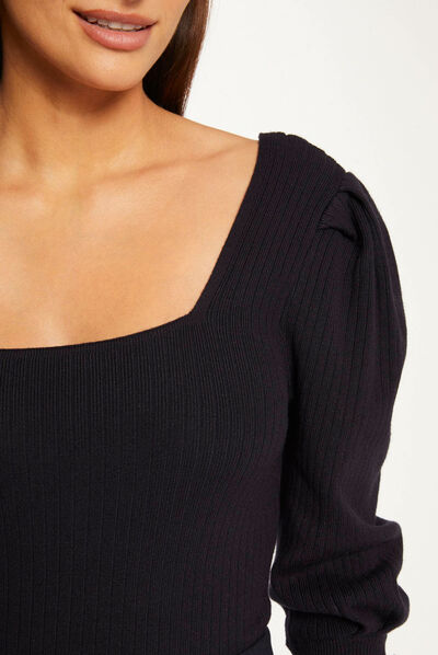 Pull manches 3/4 bouffantes marine femme
