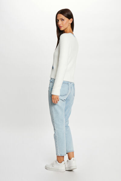 Gilet manches longues détails denim ecru femme