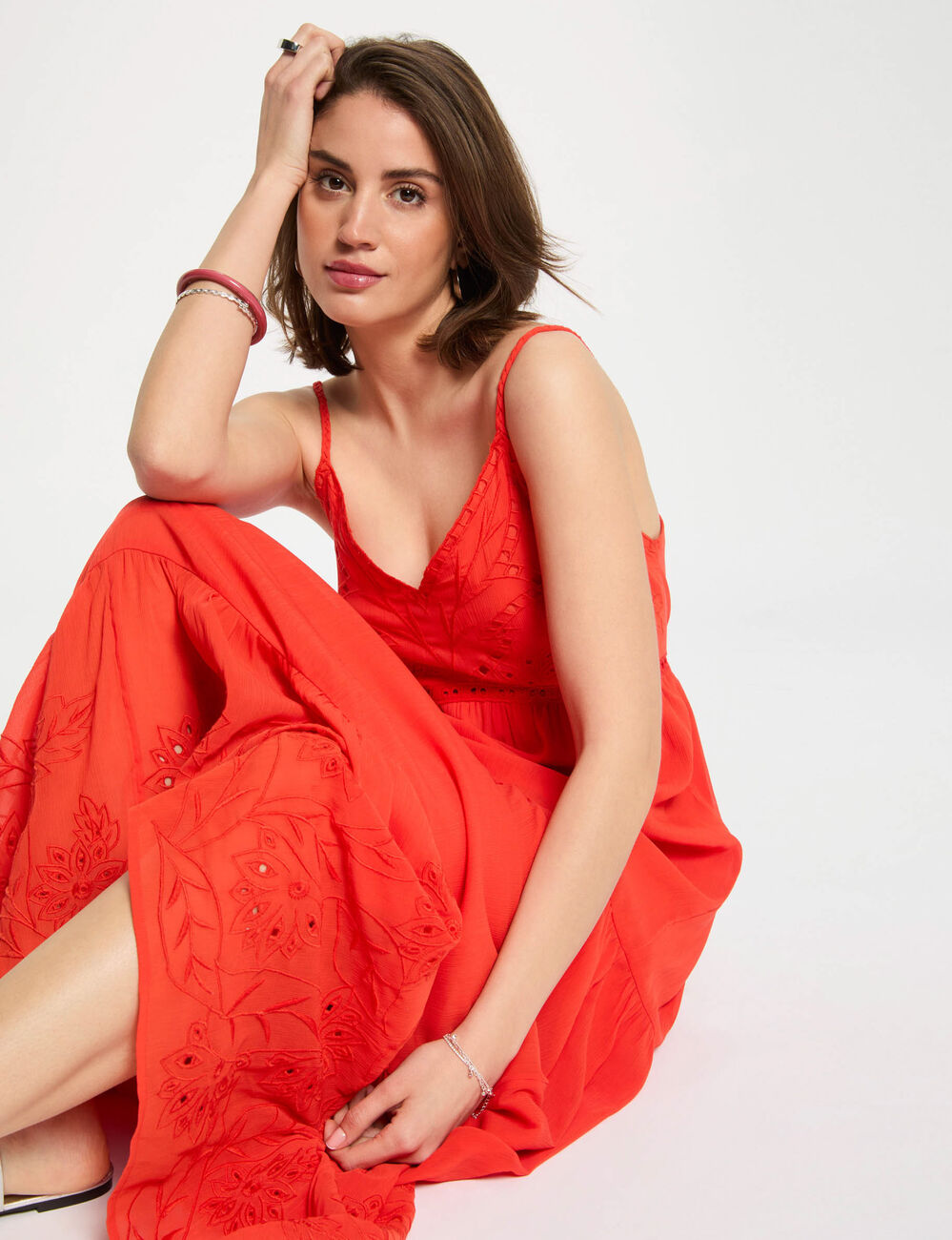 Robe longue fluide broderie orange femme