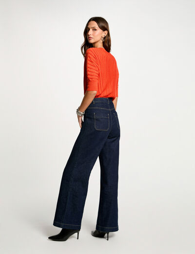 Pull manches 3/4 col en V orange foncé femme