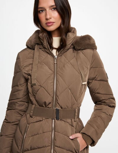 Doudoune longue capuche vert kaki femme