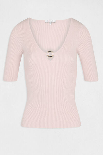 Pull manches 3/4 avec ornement rose clair femme