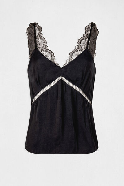 Blouse bretelles larges à dentelle marine femme