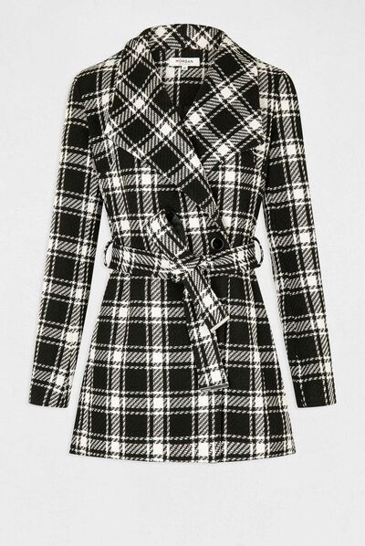 Manteau mi-long cintré à carreaux noir femme