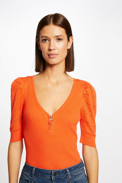 Pull manches courtes avec col en V orange femme