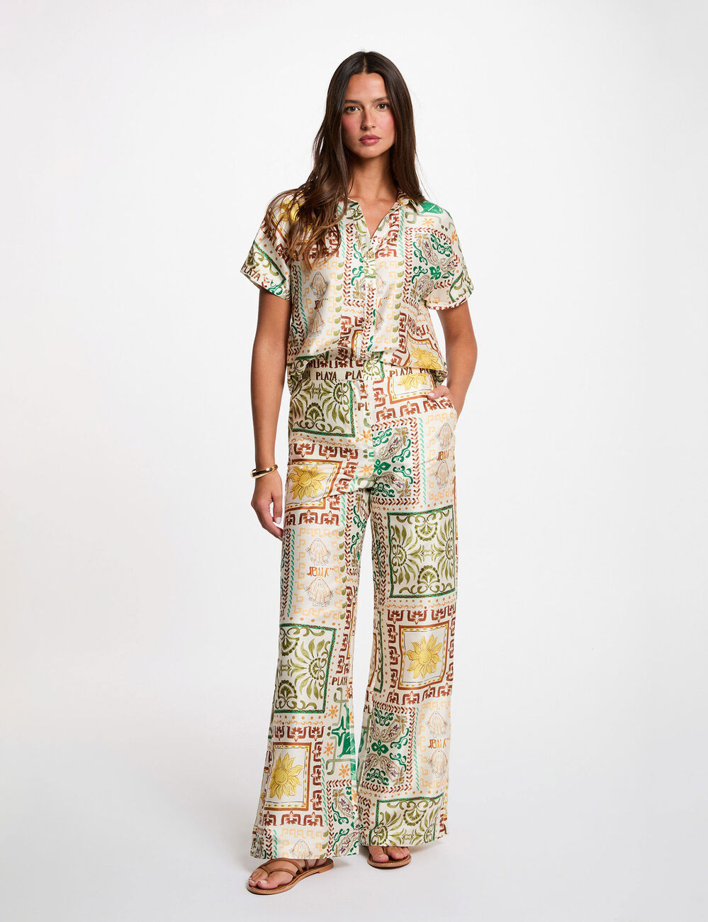 Pantalon large taille haute multicolore femme