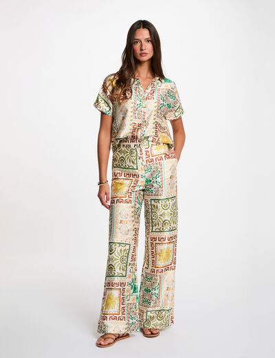 Pantalon large taille haute multicolore femme