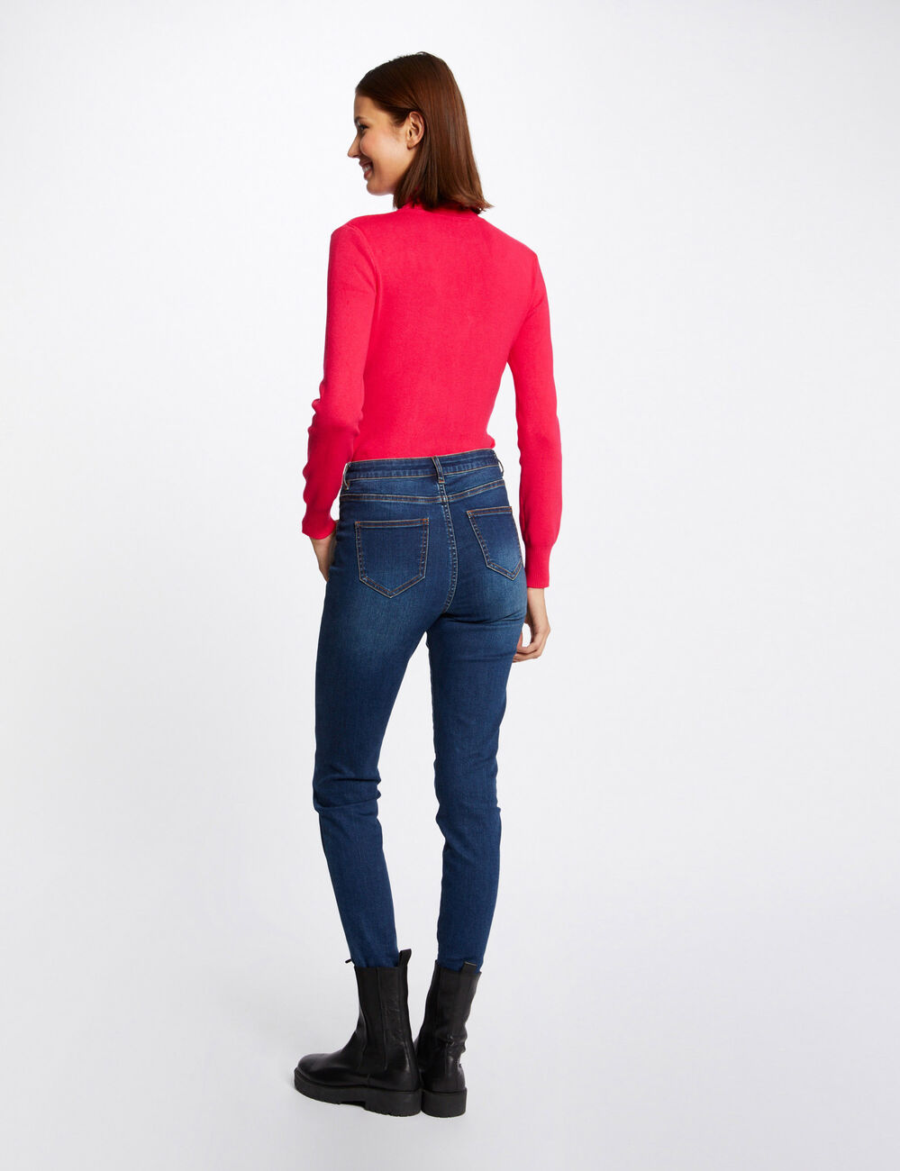 Pull manches longues &agrave; col roul&eacute; rose framboise femme