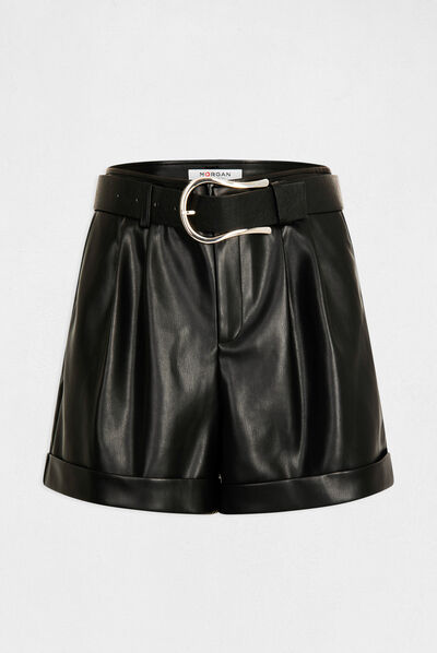 Short paperbag ceinturé simili cuir noir femme