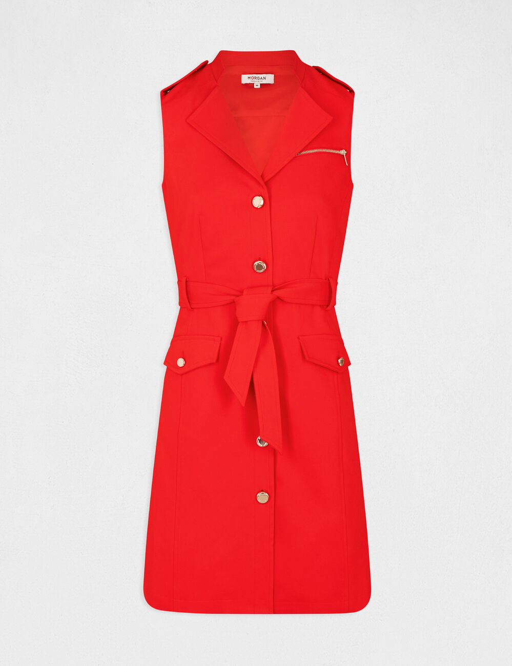 Robe droite boutonnée ceinturée rouge femme