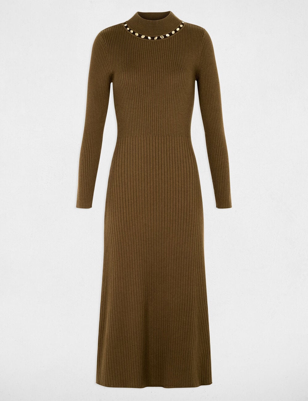 Robe tricot col chemin&eacute;e vert kaki femme
