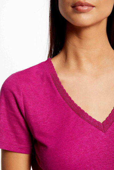 T-shirt manches courtes col en V framboise femme