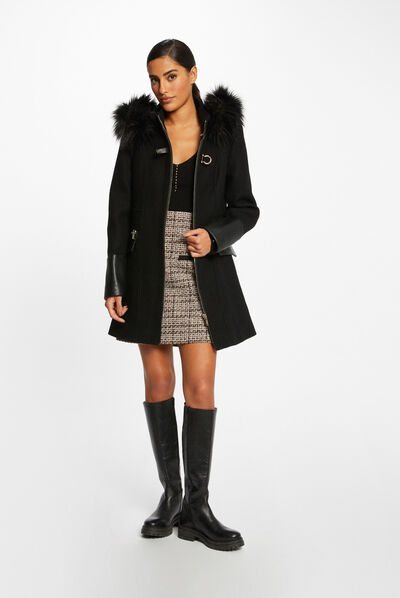 Manteau droit zippé à capuche noir femme