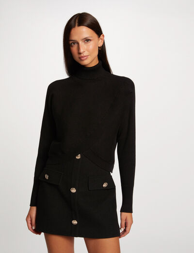Pull manches longues effet crois&eacute; noir femme