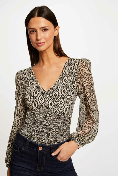 T-shirt manches longues smocké imprimé multico femme