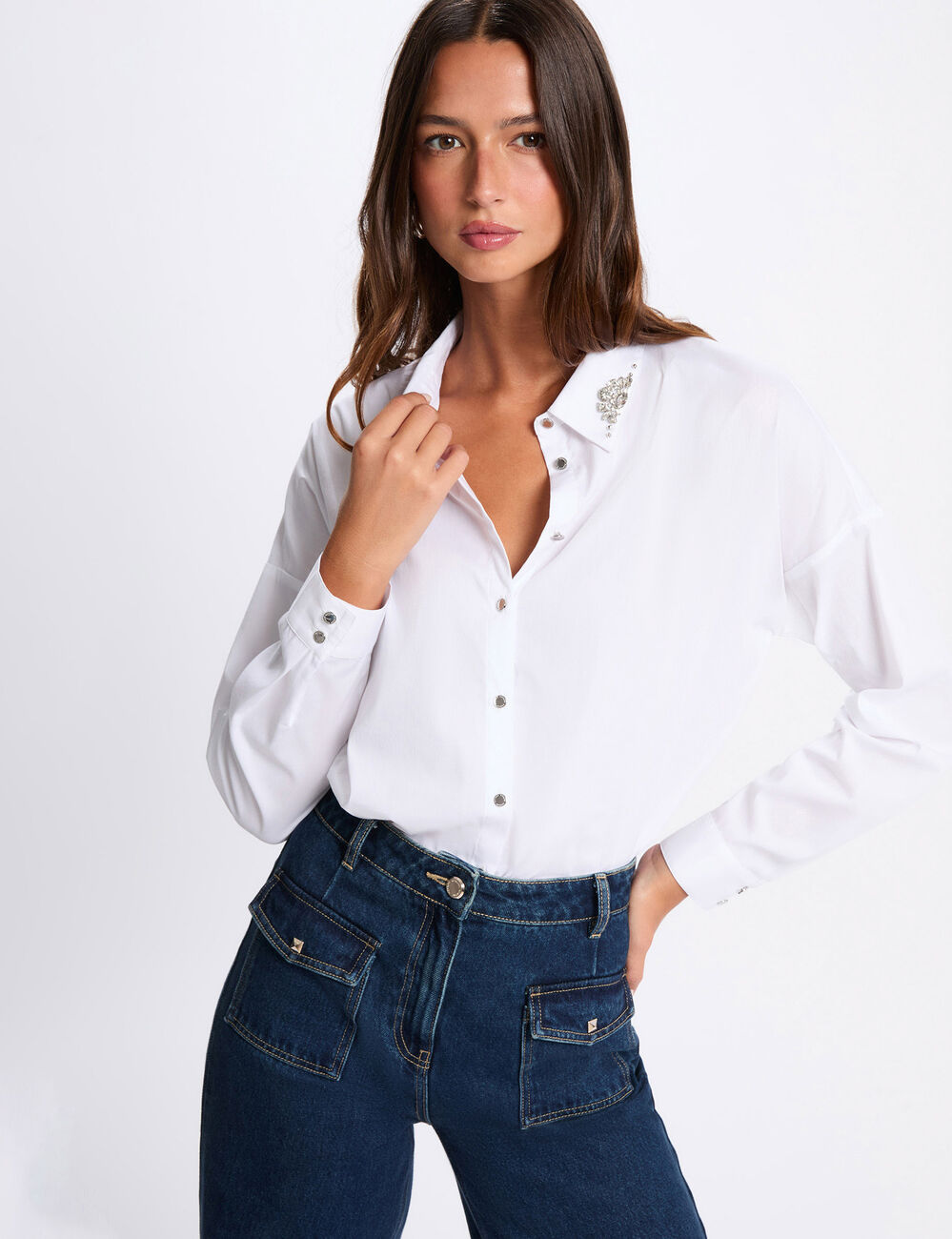 Chemise oversize strass blanc femme