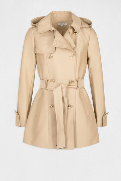 Trench droit ceinturé à capuche camel femme