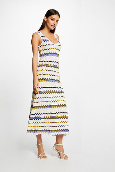 Robe pull longue droite imprimé chevron ivoire femme