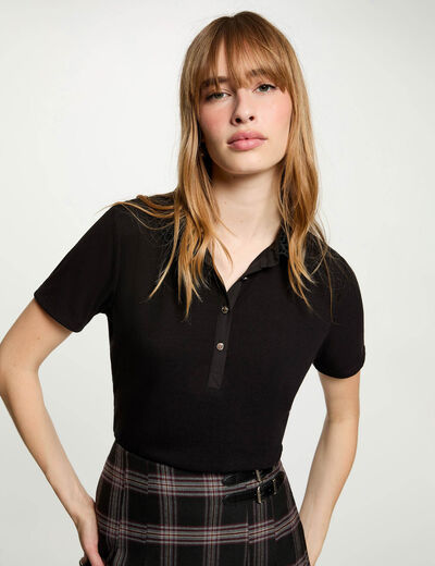 Maille l&eacute;g&egrave;re col dentelle noir femme