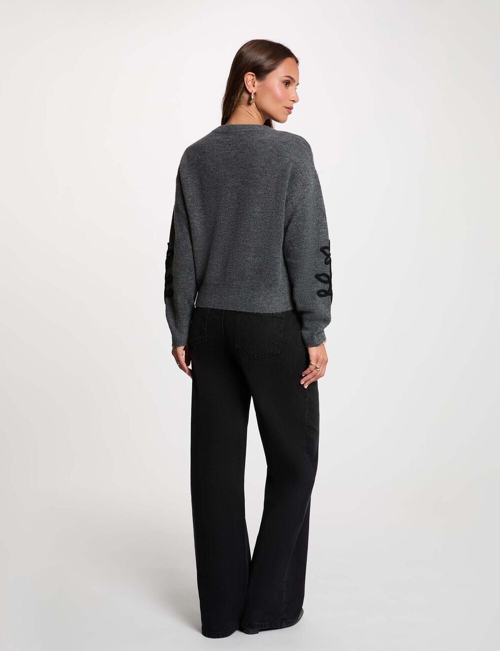 Pull col rond fantaisie gris fonc&eacute; femme