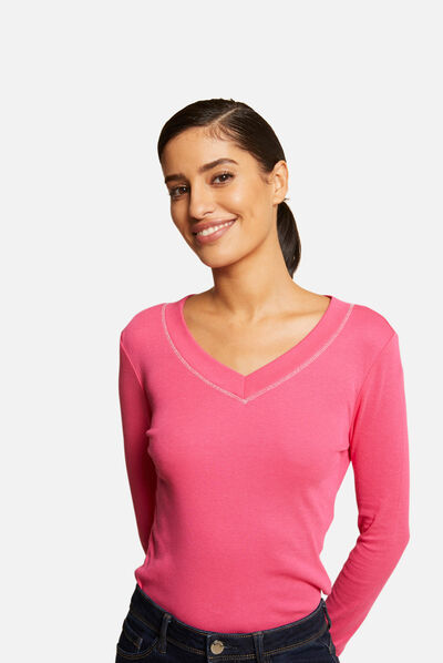 T-shirt manches longues avec col en V fuchsia femme