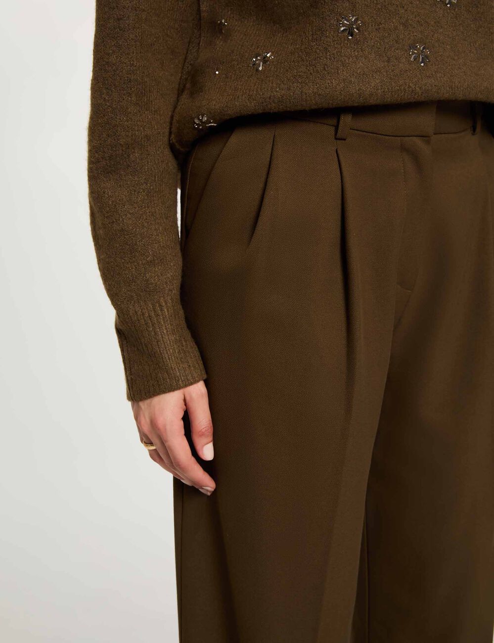 Pantalon large taille haute vert kaki femme