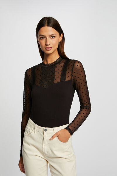 T-shirt manches longues à plumetis noir femme