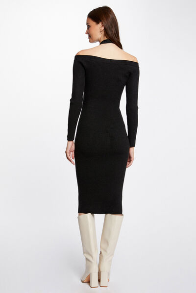 Robe pull ajustée col bardot gris anthracite femme