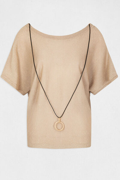 Pull manches courtes à détail bijou dore femme