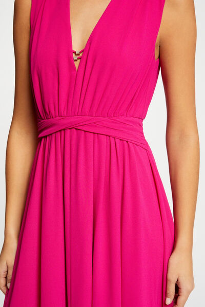 Robe longue évasée fendue rose fonce femme