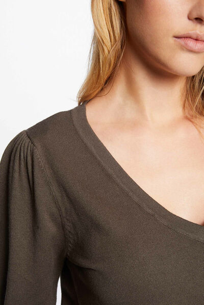 Pull manches longues avec col en V vert kaki femme