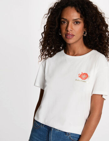 T-shirt imprim&eacute; col rond blanc femme