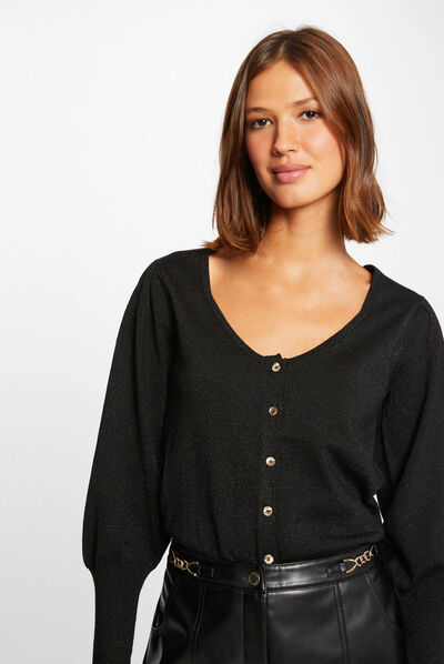 Gilet manches longues avec col rond noir femme