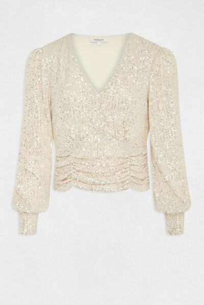 T-shirt manches longues à sequins champagne femme