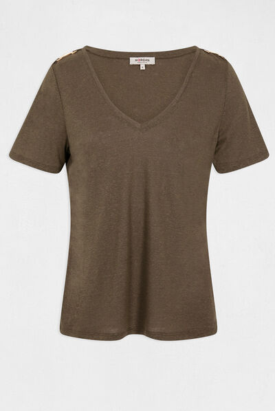 T-shirt manches courtes avec ornements vert kaki femme
