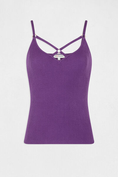 Débardeur pull à bretelles croisées violet fonce femme