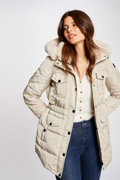 Doudoune droite à capuche beige femme
