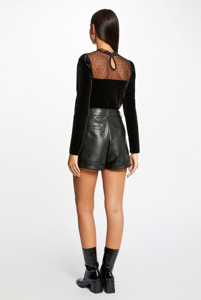 T-shirt manches longues velours plumetis noir femme