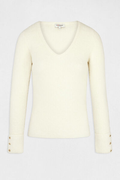 Pull manches longues maille duveteuse ivoire femme