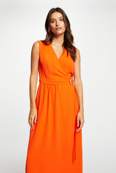 Robe longue portefeuille sans manches orange femme