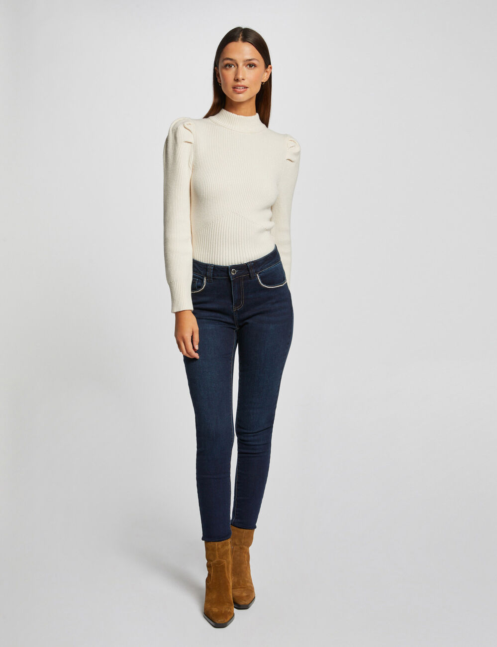 Pull manches longues à col montant ivoire femme